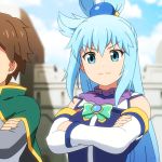  1girl :3 anime_coloring aqua_(konosuba) beads blue_eyes blue_hair blue_sky blurry blurry_background brown_hair capelet cloud commentary_request creator_connection crossed_arms day detached_sleeves eyebrows_visible_through_hair hair_beads hair_ornament kemonomichi kono_subarashii_sekai_ni_shukufuku_wo! long_hair looking_at_viewer out_of_frame outdoors parody satou_kazuma shirosato sky smile solo_focus upper_body v-shaped_eyebrows wall 