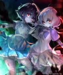  2girls bandaged_arm bandaged_head bandaged_leg bandages black_hair blue_skirt flower grey_skirt hair_flower hair_ornament highres holding holding_microphone irua konno_junko locked_arms looking_at_viewer microphone mizuno_ai multiple_girls red_eyes short_hair_with_long_locks silver_hair skirt stitches twintails zombie zombie_land_saga 