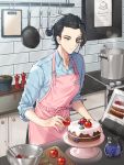  1boy ahoge apron black_hair blue_eyes blue_shirt blueberry cake cake_stand counter cutting_board drawer food forever_7th_capital frown fruit highres indoors ladle male_focus mixing_bowl monocle pepper_shaker plant pot potted_plant reflection risem shirt spatula spoon steam stove wall 