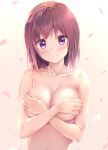  1girl 3: blush breasts brown_hair cleavage closed_mouth collarbone covering covering_breasts embarrassed highres large_breasts looking_at_viewer medium_hair nude original pasdar petals purple_eyes solo upper_body 