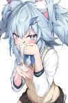  1girl animal_ear_fluff animal_ears bangs black_skirt blue_eyes blue_hair blush covering_mouth dress_shirt eyebrows_visible_through_hair girls_frontline hair_between_eyes hair_ornament heart heart-shaped_pupils highres ky_(ky990533) long_sleeves looking_at_viewer pa-15_(girls_frontline) pleated_skirt shirt simple_background skirt solo spoken_squiggle squiggle sweater_vest symbol-shaped_pupils two_side_up white_background white_shirt 