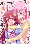  2girls @_@ ahoge arm_around_neck arm_around_waist blush breasts brown_hair check_commentary check_translation chiyoda_momo commentary commentary_request demon_girl demon_horns demon_tail empty_eyes expressive_tail hair_ornament hairclip highres horns hug hug_from_behind jacket kawazu_kento machikado_mazoku multiple_girls open_mouth pink_hair ribbon school_uniform smelling tail tears translation_request yoshida_yuuko_(machikado_mazoku) yuri 