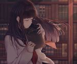  1girl bangs blunt_bangs book bookshelf cardigan closed_eyes commentary crying dark eyelashes fingernails hands_up highres holding holding_book library light_particles light_rays long_hair mole mole_under_eye original sad saitou_(lynx-shrike) school_uniform serafuku tears wind 