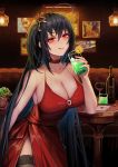  1girl :q absurdres ahoge azur_lane bangs bare_shoulders black_hair black_legwear blush breasts choker cleavage cocktail cocktail_dress collarbone commentary condensation couch cup dress eyebrows_visible_through_hair hair_between_eyes hair_ornament highres holding holding_cup jianshu large_breasts long_hair looking_at_viewer one_side_up picture_(object) red_choker red_dress red_eyes sitting smile solo spill taihou_(azur_lane) taihou_(forbidden_feast)_(azur_lane) thighhighs tongue tongue_out very_long_hair 