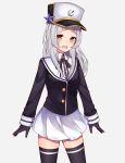  1girl :d absurdres alternate_costume arms_at_sides bangs beko_(beco_1122) black_gloves black_jacket black_legwear cowboy_shot gloves grey_background hair_ornament hat highres hololive jacket long_hair looking_at_viewer murasaki_shion open_mouth sailor_collar sidelocks silver_hair simple_background skirt sleeve_cuffs smile solo star star_hair_ornament thighhighs virtual_youtuber white_headwear white_sailor_collar white_skirt yellow_eyes zettai_ryouiki 