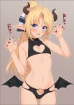  1girl :d absurdres ass_visible_through_thighs bare_arms bare_shoulders bikini black_bra black_panties blonde_hair blue_eyes bra claw_pose collarbone cowboy_shot curled_horns elf flat_chest grey_background hair_ribbon halterneck hands_up heart_cutout heart_ring highres iris_(takunomi) long_hair looking_at_viewer low_wings multi-strapped_bikini nail_polish navel open_mouth original panties pointy_ears ponytail red_nails ribbon sidelocks simple_background skindentation smile solo stomach sweatdrop swimsuit takunomi thighs underwear underwear_only wings 