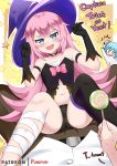  1boy 2girls :d absurdres arm_strap bandaged_leg bandages bike_shorts black_gloves blue_eyes blue_hair blush bow candy catstudioinc_(punepuni) choker english_text eyebrows_visible_through_hair fang food gloves halloween hat highres honkai_(series) honkai_impact_3rd liliya_olyenyey lollipop long_hair looking_at_viewer multiple_girls navel open_mouth pink_bow pink_hair pov rozaliya_olyenyey short_hair single_thighhigh smile strapless thighhighs witch_hat 