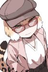  1girl absurdres alternate_costume bespectacled black_hair closed_mouth coat collarbone contemporary glasses green_eyes half-closed_eyes hand_in_pocket hare_(tetterutei) hat highres jaguar_(kemono_friends) jaguar_tail kemono_friends light_brown_hair long_sleeves looking_at_viewer multicolored_hair open_clothes open_coat pocket red-framed_eyewear shirt short_hair simple_background smile solo tail white_background white_hair 