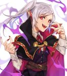  1girl aura belt blood cape claw_pose dark_aura fingernails fire_emblem fire_emblem_awakening grima_(fire_emblem) halloween_costume highres kamu_(kamuuei) long_fingernails long_sleeves nail_polish open_mouth red_eyes robin_(fire_emblem) robin_(fire_emblem)_(female) simple_background solo twintails upper_body vampire vampire_costume white_background white_hair 