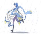  1boy absurdres blue_scarf blush boots coat_lift facing_viewer headset highres kaito kaito_(vocaloid3) leg_up looking_back male_focus pants rain running scarf see-through simple_background smile solo vocaloid white_background yuki_(tarojamg) 