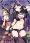  2girls :d alternate_costume ass_visible_through_thighs bat_wings belt black_eyes black_gloves black_hair black_legwear black_wings blonde_hair blush border breasts broom broom_riding collar covered_nipples d: dress earrings english_text glasses gloves groin haikyuu!! halloween halloween_costume hand_up happy_halloween hat holding holding_broom horns jack-o&#039;-lantern jewelry lace-up large_breasts looking_at_viewer midriff mole mole_under_mouth multiple_girls nanno_koto open_mouth orange_dress orange_gloves panties pantyshot puffy_short_sleeves puffy_sleeves pumpkin rimless_eyewear shimizu_kiyoko short_hair short_sleeves sleeveless sleeveless_dress smile star striped striped_legwear striped_panties tail thighhighs underwear wings witch_hat yachi_hitoka 