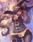  1girl alternate_costume armpits arms_behind_head arms_up ass_visible_through_thighs blue_eyes blurry blurry_background bodysuit breasts brown_hair chandelure cosplay covered_navel covered_nipples cowboy_shot double_bun elbow_gloves floating_hair gen_5_pokemon gen_7_pokemon gloves hair_through_headwear halloween_costume hat impossible_hair jewelry long_hair looking_at_viewer medium_breasts mei_(pokemon) microskirt mimikyu mimikyu_(cosplay) mitsu_(mitsu_art) open_mouth patreon_username pendant poke_ball pokemon pokemon_(creature) pokemon_(game) pokemon_bw2 sideboob skirt sleeveless sleeveless_bodysuit solo_focus swimsuit twintails very_long_hair watermark witch_hat yellow_skirt 
