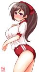  1girl alternate_costume artist_logo ass blush breasts brown_hair buruma cowboy_shot dated embarrassed eyebrows_visible_through_hair feet_out_of_frame gym_shirt gym_uniform hair_between_eyes hair_ornament hair_ribbon hairclip highres kanon_(kurogane_knights) kantai_collection large_breasts long_hair looking_at_viewer looking_to_the_side mamiya_(kantai_collection) red_buruma ribbon shirt short_sleeves signature simple_background solo standing sweatdrop white_background white_shirt 