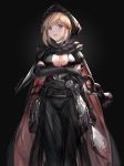  1girl black_background black_cape black_gloves black_panties black_pants blood blood_on_face blush breasts brown_eyes brown_hair cape cleavage cleavage_cutout commentary_request djeeta_(granblue_fantasy) elbow_gloves gloves granblue_fantasy highres holding holding_mask hood hood_up looking_at_viewer mask mask_removed medium_breasts milli_little multicolored multicolored_cape multicolored_clothes open_mouth panties pants puffy_short_sleeves puffy_sleeves red_cape see-through short_sleeves solo sweat twitter_username underwear 