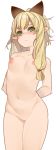  1girl animal_ears arms_behind_back bangs blonde_hair blush cat_ears extra_ears eyebrows_visible_through_hair flat_chest full-face_blush green_eyes kochiya_(gothope) long_hair looking_at_viewer meowstress monster_hunter monster_hunter_x navel nipples nude pointy_ears solo standing white_background 
