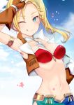  1girl ;q ameshizuku_natsuki arm_up armpits bangs bare_shoulders bikini_top blonde_hair blue_sky blush breasts brown_gloves brown_vest calamity_jane_(fate/grand_order) cleavage closed_mouth cloud cloudy_sky collarbone commentary cropped_vest day detached_sleeves eyebrows_visible_through_hair fate/grand_order fate_(series) fingerless_gloves forehead gloves green_eyes groin hand_on_hip long_hair looking_at_viewer medium_breasts navel one_eye_closed open_clothes open_vest outdoors parted_bangs red_bikini_top side_ponytail single_detached_sleeve sky smile solo star tongue tongue_out two-tone_shorts vest white_sleeves 