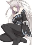  1girl agrius_metamorphosis ahoge animal_ears atalanta_(alter)_(fate) atalanta_(fate) bangs bare_shoulders black_collar breasts cat_ears collar eyebrows_visible_through_hair fate/apocrypha fate/grand_order fate_(series) green_eyes large_breasts long_hair looking_at_viewer no_shoes shiseki_hirame silver_hair solo tail very_long_hair 