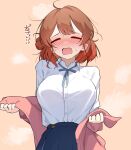  1girl =_= ahoge blue_overskirt blue_ribbon blue_skirt blush breasts brown_cardigan brown_hair cardigan commentary_request gakuen_idolmaster gradient_hair hair_bun hanami_ume hatsuboshi_gakuen_school_uniform highres hot idolmaster large_breasts multicolored_hair neck_ribbon nose_blush oekaki_machine orange_hair ribbon school_uniform shirt single_side_bun skirt solo steaming_body sweat undressing white_shirt 