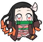  1girl bamboo bkub black_hair chibi eyelashes forehead gag geta hair_ribbon haori highlights japanese_clothes kamado_nezuko kimetsu_no_yaiba kimono leg_warmers long_hair multicolored_hair patterned_clothing pink_eyes pink_kimono ribbon sash solo string very_long_hair 