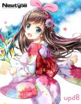  1girl a.i._channel ass brown_hair floral_print flower fujima_takuya hair_flower hair_ornament hairband hairclip japanese_clothes kimono kizuna_ai long_hair looking_at_viewer looking_back newtype open_mouth pink_hairband smile solo star tanabata virtual_youtuber 