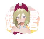  1girl =_(9_yawbus) alternate_eye_color blonde_hair blue_eyes blush close-up dripping_sweat eyelashes grey_eyes grid hair_between_eyes hairband half-closed_eyes highres hot irida_(pokemon) jewelry looking_at_viewer multicolored_hair neck_ring open_mouth orb pokemon pokemon_legends:_arceus red_hairband red_shirt shirt short_hair shoulder_blush solo strapless strapless_shirt sweat translation_request two-tone_hair very_sweaty 