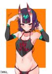  1girl bangs bare_shoulders black_fundoshi blush border breasts chinese_clothes choker closed_mouth collarbone detached_sleeves dudou earrings eyeliner fate/grand_order fate_(series) forehead_jewel hands_in_hair hands_up headpiece heart highres horns jewelry low_twintails makeup nagatani_(nagata2) navel oni oni_horns orange_background purple_eyes purple_hair short_eyebrows short_hair short_twintails shuten_douji_(fate/grand_order) shuten_douji_(halloween_caster)_(fate) simple_background skin-covered_horns small_breasts solo twintails white_border 