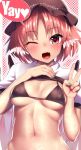  1girl ;d animal_ears ayagi_daifuku black_bikini_top breasts covered_nipples eyebrows_visible_through_hair fang green_nails hand_on_own_chest hat heart heart-shaped_pupils lifted_by_self looking_at_viewer medium_breasts mystia_lorelei navel one_eye_closed open_mouth pink_hair puffy_short_sleeves puffy_sleeves shirt_lift short_hair short_sleeves smile solo spoken_heart symbol-shaped_pupils touhou upper_body v v-shaped_eyebrows 