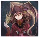  1girl braid brown_hair carrying commentary dragon fantasy feathers fingernails fringe_trim green_eyes hair_ornament hand_up headband highres horns jewelry kamura_gimi long_sleeves looking_at_viewer medium_hair necklace original red_shirt ringed_eyes shirt shoulder_carry tail upper_body wings 