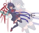  1girl :q akagashi_hagane asymmetrical_wings bangs black_dress black_hair black_legwear blue_wings blush bow bowtie commentary dress full_body hair_between_eyes holding holding_weapon houjuu_nue polearm red_bow red_eyes red_footwear red_neckwear red_wings shoes short_hair short_sleeves simple_background smile snake solo thighhighs thighs tongue tongue_out touhou trident weapon white_background wings wristband zettai_ryouiki zoom_layer 