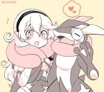  1girl armor cape corrin_(fire_emblem) corrin_(fire_emblem)_(female) eromame fire_emblem fire_emblem_fates gen_6_pokemon greninja hairband heart long_hair open_mouth orange_background pointy_ears pokemon pokemon_(creature) simple_background spoken_heart super_smash_bros. tongue twitter_username upper_body 