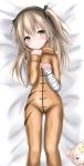  1girl animal_costume bangs bear_costume bed_sheet black_ribbon blush boko_(girls_und_panzer) boko_(girls_und_panzer)_(cosplay) cosplay eyebrows_visible_through_hair from_above girls_und_panzer hair_ribbon head_tilt langley1000 light_brown_eyes light_brown_hair long_hair looking_at_viewer lying on_back on_bed one_side_up onesie pajamas ribbon shimada_arisu solo stuffed_animal stuffed_toy teddy_bear 