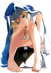  1boy barefoot blonde_hair bridget_(guilty_gear) bulge closed_mouth eyebrows_visible_through_hair feet guilty_gear head_on_knees headgear light light_rays maka_(morphine) signature simple_background sitting smile solo white_background 