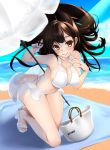  1girl alternate_costume animal_ears aruto_(shake_onigiri) ass atago_(azur_lane) atago_(midsummer_march)_(azur_lane) azur_lane bag bare_legs beach beach_towel beach_umbrella bikini blush breasts brown_hair character_name cleavage cloud cloudy_sky day floating_hair handbag kneeling long_hair looking_at_viewer medium_breasts midriff navel ocean orange_eyes outdoors sandals sky smile solo swimsuit towel umbrella white_bikini white_footwear white_swimsuit 