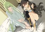  1girl 1other akinashi_yuu androgynous anklet asymmetrical_legwear bangs barefoot black_ribbon bow breasts brown_hair collarbone commentary_request dutch_angle earrings enkidu_(fate/strange_fake) eyebrows_visible_through_hair fate/grand_order fate/strange_fake fate_(series) feet feet_together green_eyes green_hair hair_between_eyes hair_bow hand_up holding_leg hoop_earrings indoors ishtar_(fate/grand_order) jewelry knee_to_chest legs licking_lips long_hair on_bed parted_bangs red_eyes ribbon robe shadow sidelocks single_thighhigh sitting small_breasts thighhighs toeless_legwear tongue tongue_out very_long_hair 