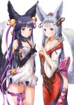  2girls absurdres animal_ears bangs bare_shoulders bell black_hair blue_eyes blush breasts cleavage commentary_request detached_sleeves erune fox_ears fox_tail gloves granblue_fantasy hair_bell hair_ornament highres jingle_bell large_breasts long_hair looking_at_viewer multiple_girls open_mouth qoray7 red_eyes silver_hair smile socie_(granblue_fantasy) tail very_long_hair yuel_(granblue_fantasy) 