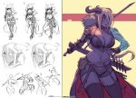  1girl blade breasts cleavage closed_mouth commentary commission horns long_hair multiple_views original rejean_dubois shorts smile tiefling 
