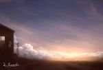  alu.m_(alpcmas) bus_stop cloud condensation_trail dark fence hill horizon no_humans original road scenery sign signature sky street sunset telephone_pole 