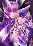  2boys blue_hair crossdressing dagger demon_boy demon_horns evillious_nendaiki highres horns hug hug_from_behind kaito kamui_gakupo karchess_crim looking_at_another male_focus multiple_boys nagori_(voyage) one_eye_closed pointy_ears purple_hair sateriasis_venomania shards venomania_kou_no_kyouki_(vocaloid) vocaloid weapon wig 