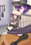  1girl absurdres ass boots hat highres idolmaster idolmaster_shiny_colors purple_eyes purple_hair redsankakuhead short_hair spanked spanking tanaka_mamimi thigh_boots thighhighs witch_hat wooden_horse 