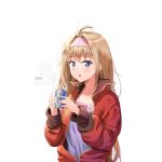  1girl absurdres antenna_hair artist_name bangs blonde_hair blue_eyes bow breasts collarbone commentary_request cup eyebrows_visible_through_hair granblue_fantasy hair_ornament hairband highres holding holding_cup jacket jeanne_d&#039;arc_(granblue_fantasy) long_hair looking_at_viewer pink_bow purple_eyes qoray7 red_jacket shirt simple_background solo white_background 
