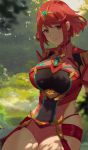  1girl asterretsa blue_earrings breasts closed_mouth covered_navel earrings eyebrows_visible_through_hair forest gem headpiece highres homura_(xenoblade_2) jewelry large_breasts looking_at_viewer nature outdoors red_eyes red_hair red_shorts short_hair shorts sitting smile solo tiara xenoblade_(series) xenoblade_2 