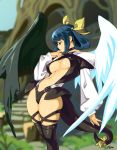  1girl arched_back asymmetrical_wings black_choker black_legwear blue_hair bow breasts cameltoe center_opening choker cleavage commentary dizzy english_commentary guilty_gear hair_ribbon hair_rings large_breasts long_sleeves looking_down navel no_bra optionaltypo over-kneehighs puffy_long_sleeves puffy_sleeves red_eyes ribbon short_hair skindentation solo tail tail_bow thick_thighs thigh_strap thighhighs thighs wings 