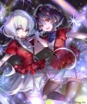  2girls :d black_hair black_legwear blue_eyes commentary_request flower gloves hair_flower hair_ornament highres holding holding_microphone irua jacket konno_junko locked_arms looking_at_viewer microphone mizuno_ai multiple_girls open_mouth pleated_skirt puffy_short_sleeves puffy_sleeves red_eyes red_jacket shirt short_hair short_hair_with_long_locks short_sleeves silver_hair skirt smile stage stage_lights thighhighs twintails upper_teeth white_gloves white_shirt white_skirt zombie_land_saga 