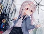  1girl :o bangs black_bow black_skirt blue_jacket bow building cloud cloudy_sky collared_shirt commentary_request dress_shirt eyebrows_visible_through_hair fate/kaleid_liner_prisma_illya fate_(series) hair_between_eyes holding holding_umbrella illyasviel_von_einzbern jacket long_hair long_sleeves looking_away looking_to_the_side open_clothes open_jacket outdoors overcast parted_lips plaid plaid_bow plaid_skirt pleated_skirt rain red_eyes shirt silver_hair skirt sky sleeves_past_wrists solo taku_michi transparent transparent_umbrella umbrella upper_teeth very_long_hair white_shirt 
