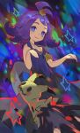  1girl :3 acerola_(pokemon) armlet blush closed_mouth collarbone commentary cowboy_shot dress elite_four flipped_hair gen_7_pokemon hair_ornament highres looking_at_viewer mimikyu pokemon pokemon_(creature) pokemon_(game) pokemon_sm purple_dress purple_eyes purple_hair saitou_naoki short_hair short_sleeves smile star topknot trial_captain 