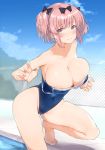  +_+ 1girl bare_shoulders barefoot blue_eyes blue_sky blurry breasts chain-link_fence cleavage cloud commentary_request covered_navel day depth_of_field fence hechi_(hechi322) hibari_(senran_kagura) highleg highleg_swimsuit highres large_breasts looking_at_viewer mountain one-piece_swimsuit outdoors pink_hair pool poolside senran_kagura short_hair short_twintails sky solo squatting swimsuit twintails 