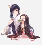  2girls age_regression bamboo bangs bit_gag black_hair black_skirt boots brown_hair butterfly_hair_ornament child cloak full_body gag gradient_hair hair_ornament hair_ribbon hand_on_ankle haori japanese_clothes kamado_nezuko kimetsu_no_yaiba kimono knees_up long_hair long_sleeves looking_at_another looking_to_the_side looking_up mouth_hold multicolored_hair multiple_girls obi pink_eyes pink_kimono pink_ribbon purple_eyes ribbon rupinesu sash seiza side_ponytail sidelocks signature simple_background sitting skirt sleeves_past_fingers sleeves_past_wrists smile tsuyuri_kanao two-tone_hair very_long_hair white_cloak younger 