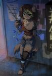 4_fingers 4_toes against_surface against_wall amber_eyes anthro arm_tattoo big_breasts bottomwear breasts canid canine canis cigarette clothed clothing domestic_dog ear_piercing ear_ring feet female fingers floor fluffy fluffy_tail freckles graffiti hi_res him_army hotpants leaning leaning_backward legwear looking_at_viewer mammal midriff navel off_shoulder open_zipper piercing raining ring_piercing shark_teeth shark_tooth_necklace sharktooth_necklace shorts shoulder_tattoo smile solo stockings tail tattoo tile tile_floor toeless_legwear toes