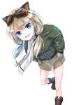  1girl animal_ears blonde_hair blue_eyes boots carla_j_luksic cat_ears commentary from_above goggles goggles_on_head hands_in_pockets hitomi_karera jacket leaning_forward long_hair looking_at_viewer looking_up low-tied_long_hair low_twintails noble_witches open_mouth simple_background smile solo twintails walking white_background world_witches_series 