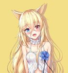  1girl :d animal_ears arms_behind_back babydoll bangs bare_shoulders blonde_hair blue_eyes blue_flower blush collarbone commentary eyebrows_visible_through_hair fang flower g41_(girls_frontline) girls_frontline hair_between_eyes heterochromia highres ko_katakuchiiwashi long_hair looking_at_viewer neck_garter open_mouth red_eyes skin_fang smile solo upper_body very_long_hair 